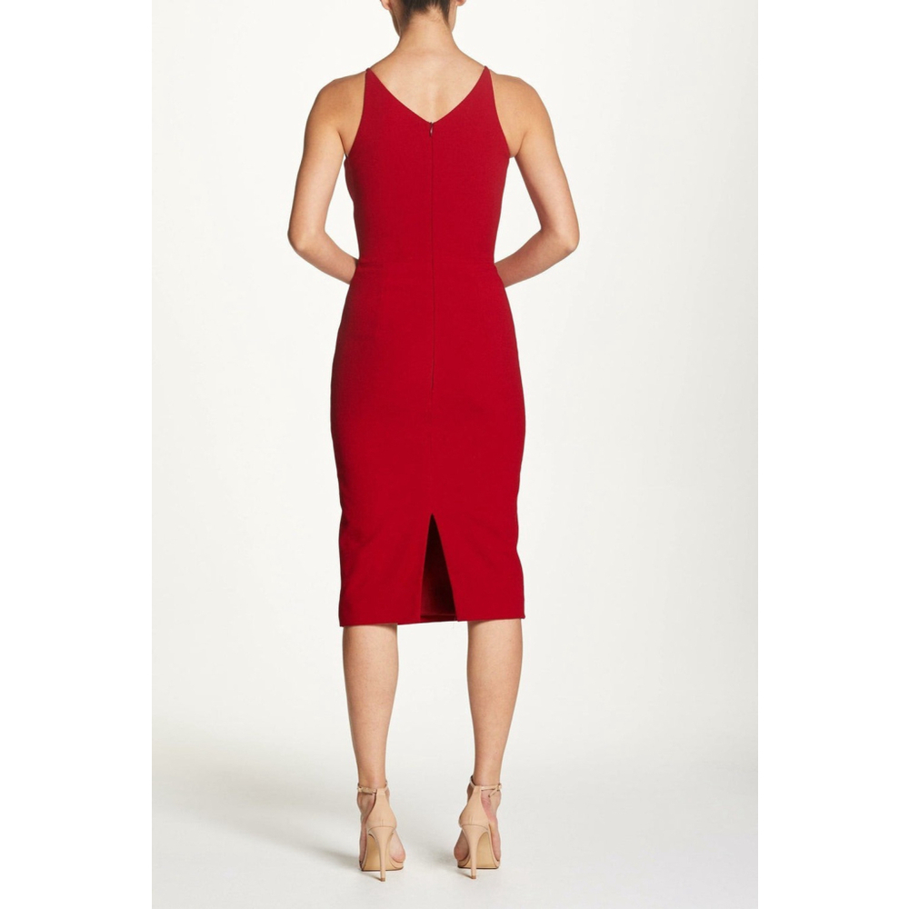 $168 DRESS The POPULATION RED V-Neck Plunge Lyla Stretch Crepe Midi Dress L - Picture 3 of 8